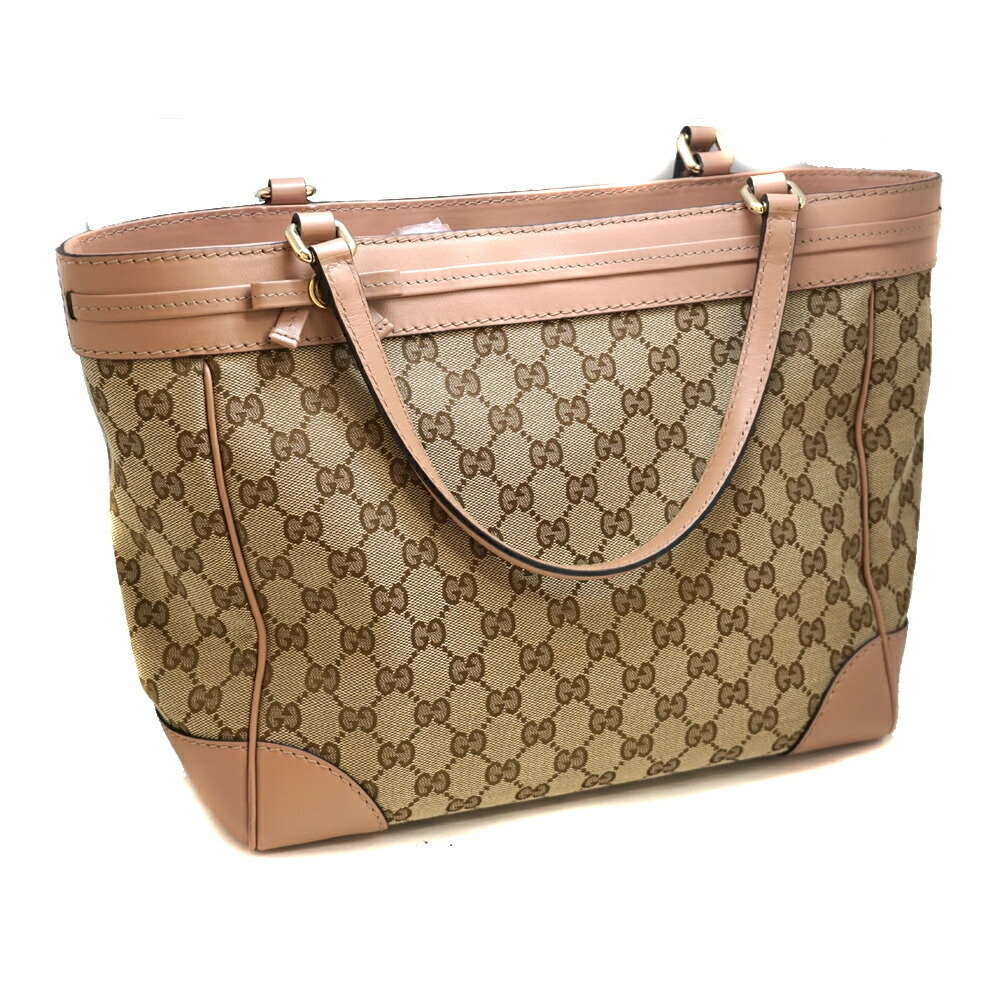 GUCCI Tote Bag Beige Canvas Leather GG